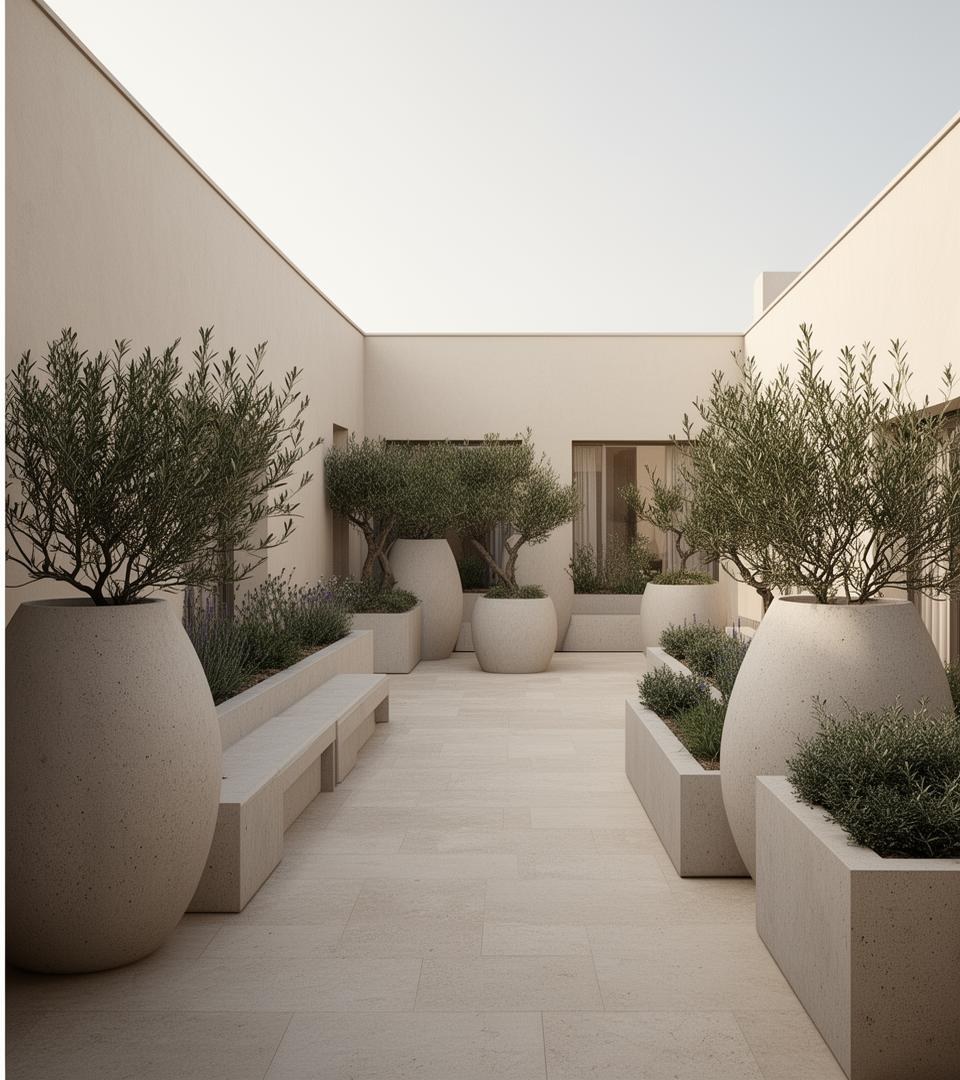 Mismo patio arquitectónico transformado con piezas OZARUM de hormigón y vegetación integrada